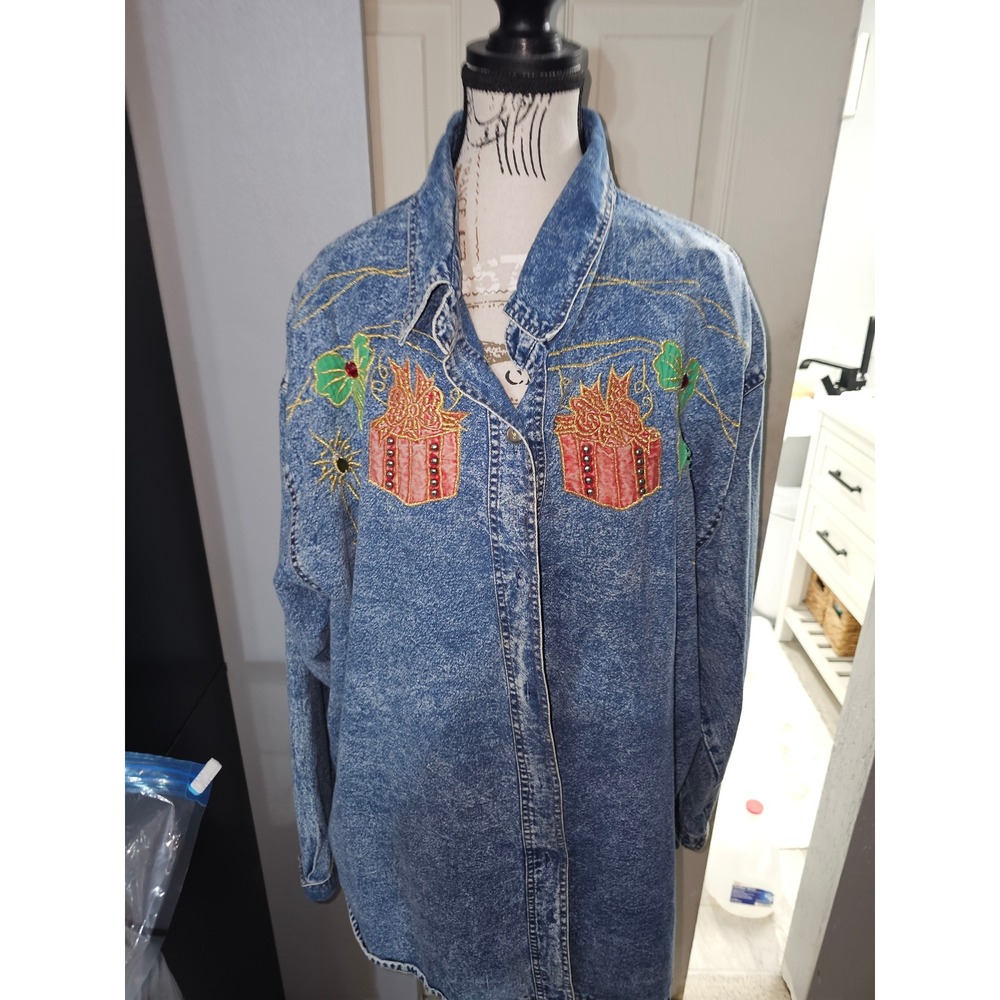 Club Z Vintage 90s Acid Wash Denim Christmas Shirt Embroidered Holiday Blue XL